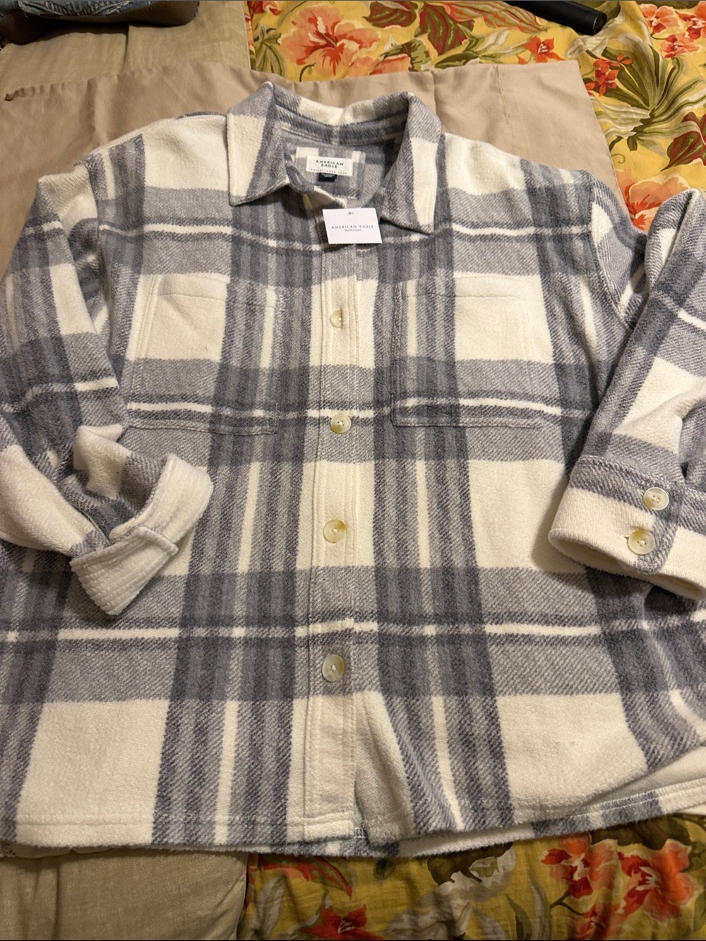 American Eagle Outfitters Cream and Gray Plaid Button-Down Shirt